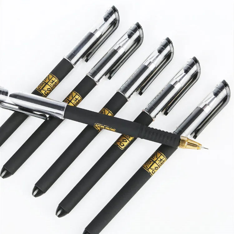 Carbon black gel pen with black ink, plastic body, and cap closure on white background