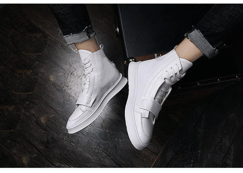 Men's black and white PU leather winter ankle boots in high-top sneakers style with microfiber construction