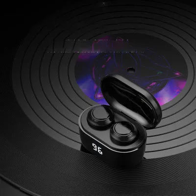 Black wireless stereo Bluetooth headset with earbud design showing Bluetooth 5.0 and NFC features