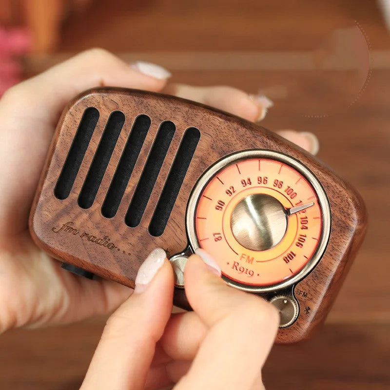 Compact retro wooden wireless Bluetooth speaker in cherry or walnut finish with SD card slot