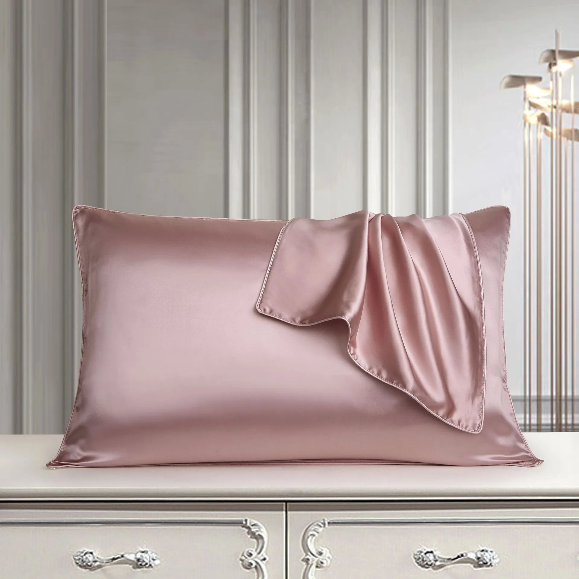 100% mulberry silk pillowcase 48x74cm palace luxury style with inlaid rope edge in champagne gold