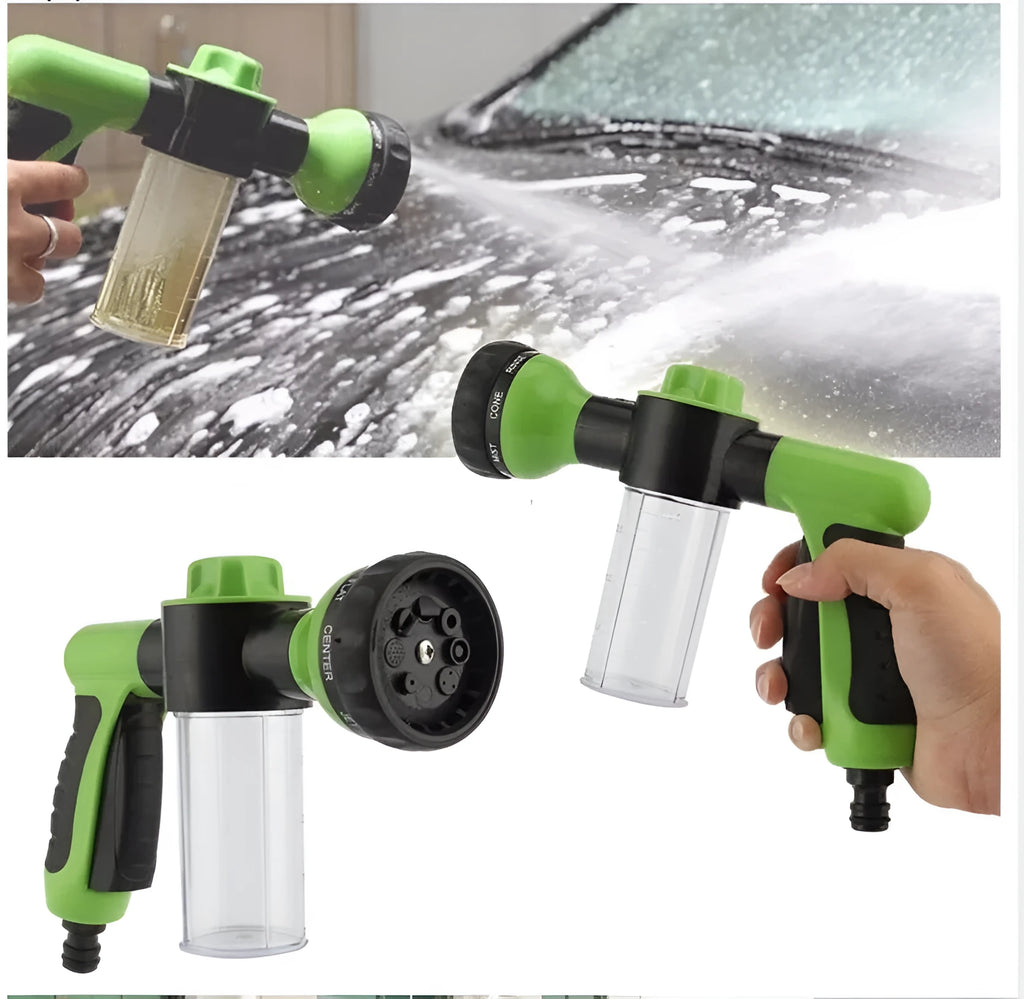 Green high-pressure foam spray gun with adjustable nozzle for car and household cleaning.