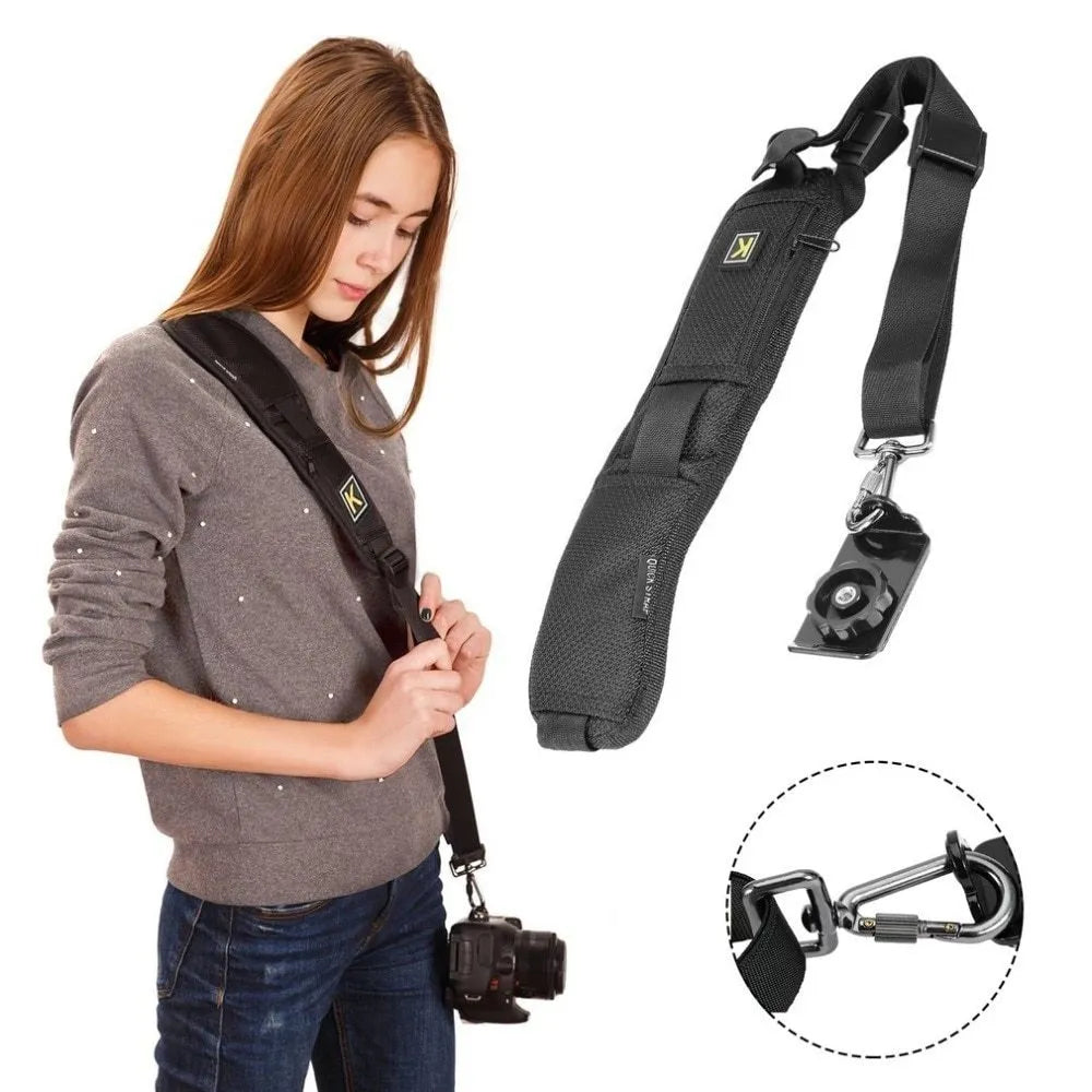 Black nylon single shoulder sling strap for DSLR camera with quick-adjust buckle and 75mm shoulder pad
