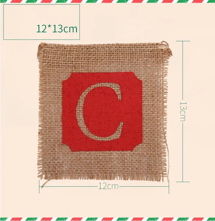 Merry Christmas burlap banner with 14 brown and red flags on a string, each flag approx 12x13 cm