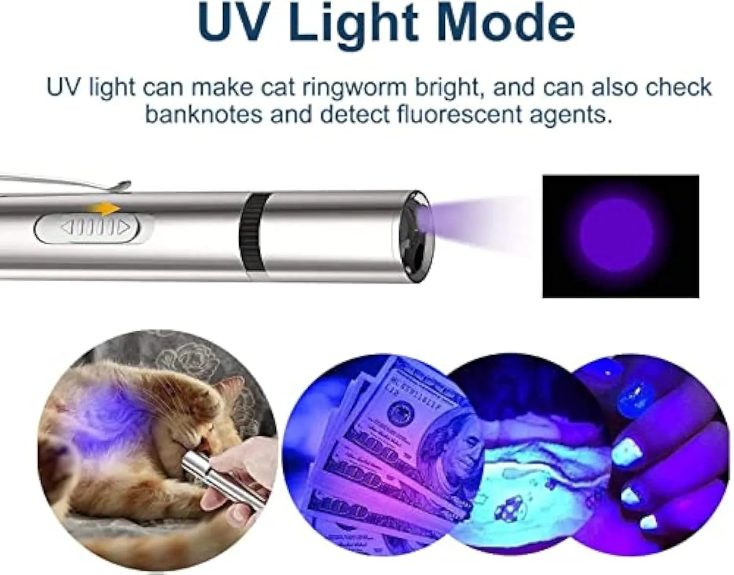 Silver aluminium cat laser toy pointer with USB charging port and pattern adjustment dial