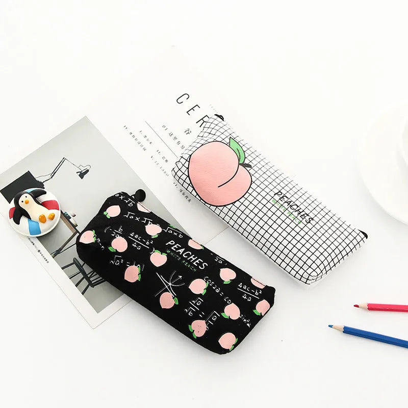 Rectangular canvas pencil case with peach print design, 20 x 8.5 cm, in white peaches colourway