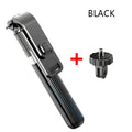 Tripod selfie stick for iPhone, black colour, extended to 700mm height on a table