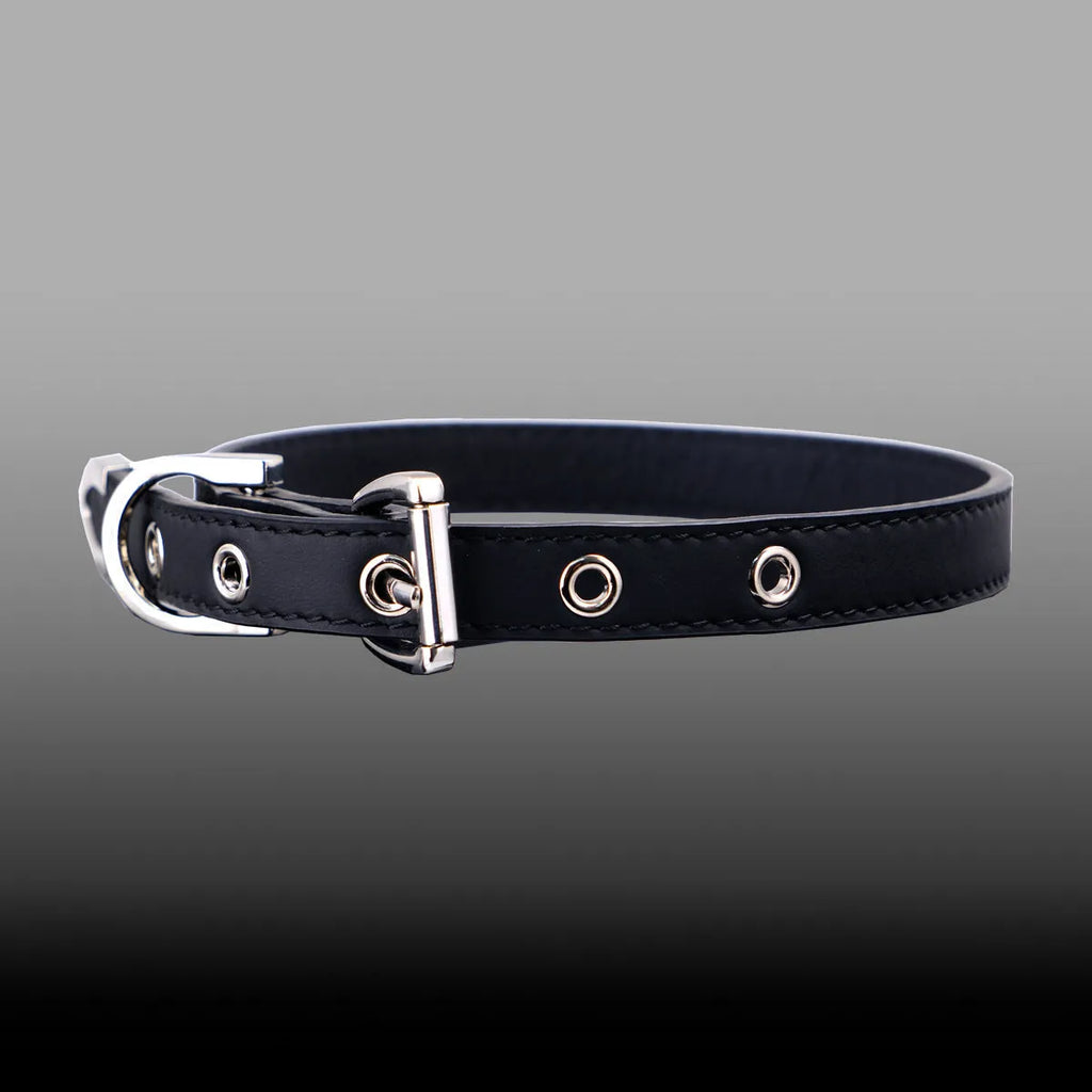 Black genuine leather subculture collar with alloy geometric pendant on dark background