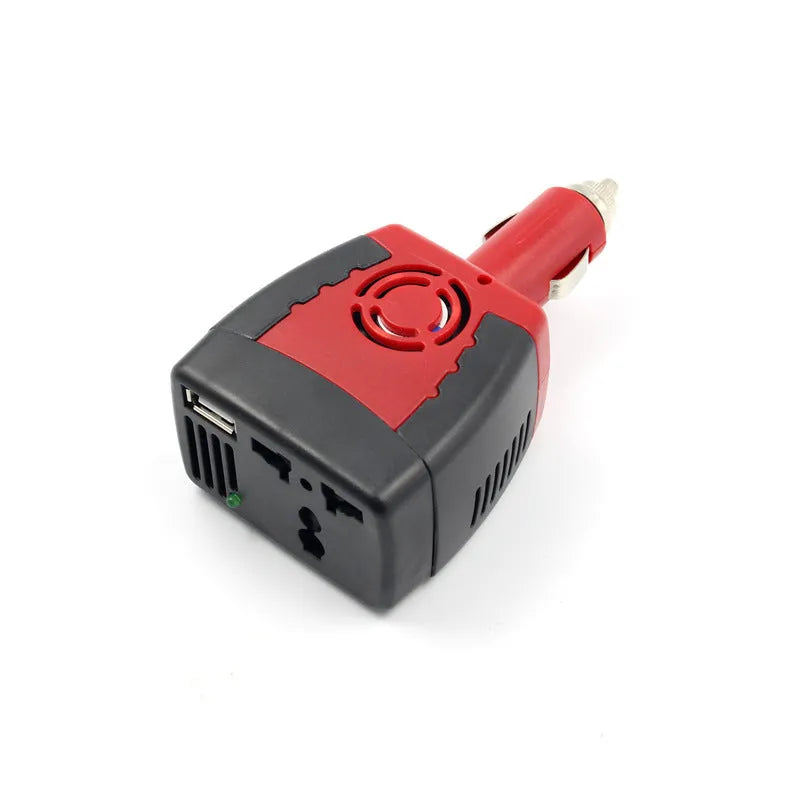150W car power inverter 12V to 220V with USB output in black and red plastic casing