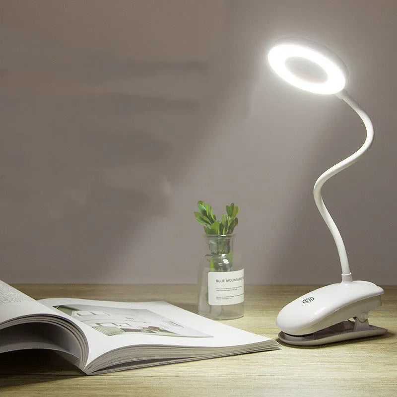 Touch control clip-on rechargeable LED desk lamp with plastic shade and built-in lithium battery