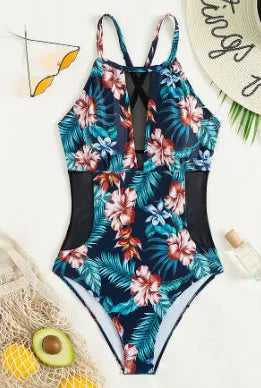 Women's deep V-neck one-piece swimsuit with gradient print and polyester lining in European style