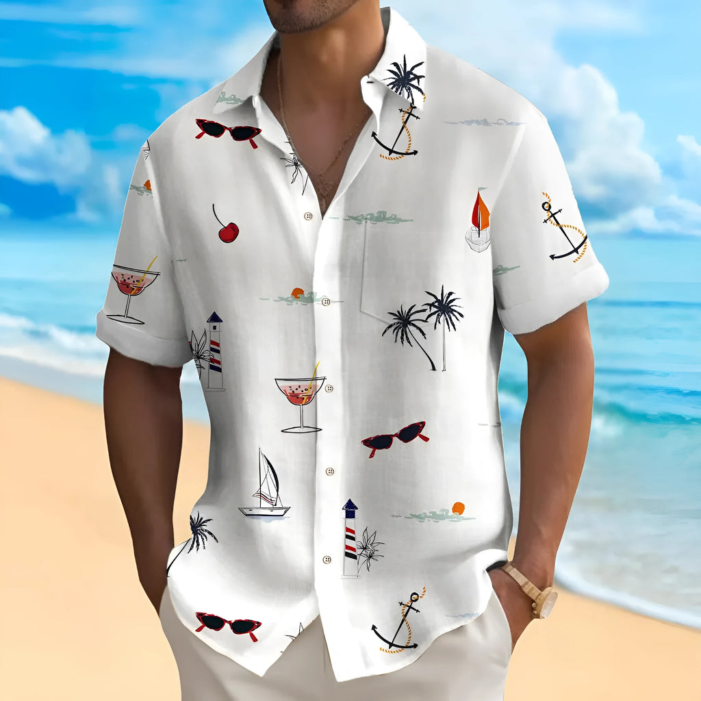 Men's loose fit Hawaiian shirt with digital print pattern and short sleeves.