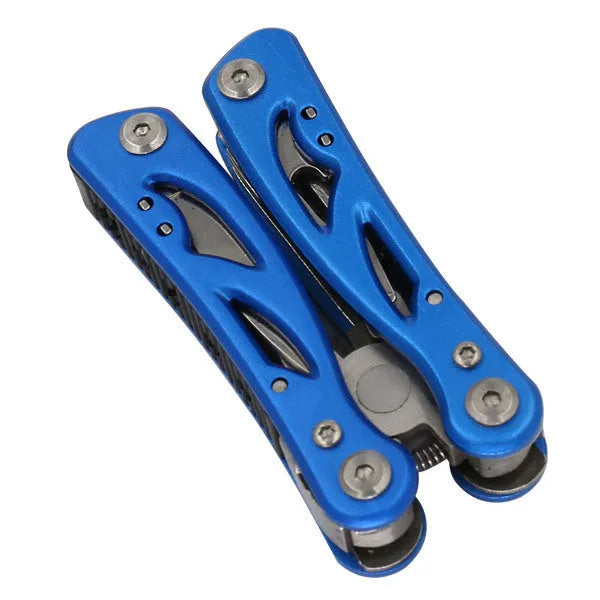 Blue folding outdoor pliers with fruit knife, 125mm, on Oxford storage bag
