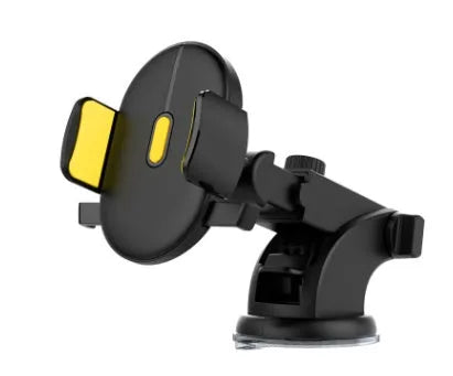Black telescopic car dashboard phone holder with extended arm and gel suction cup mounted on a textured surface.