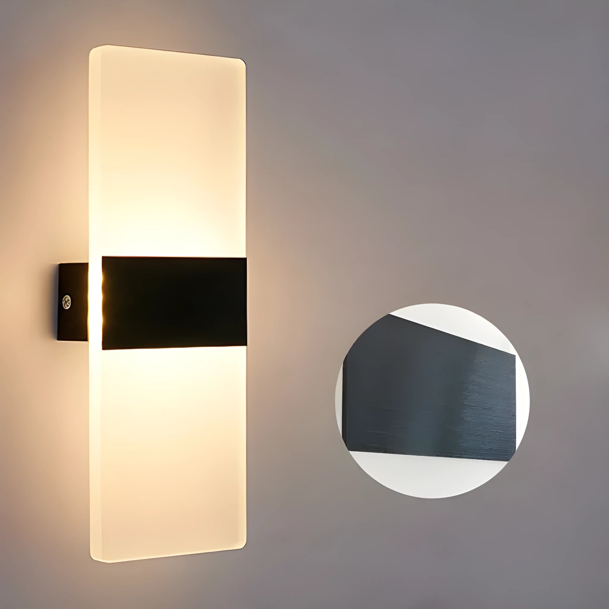 Modern LED bedside wall lamp with acrylic shade, 27x10cm, in black finish, mounted on a wall