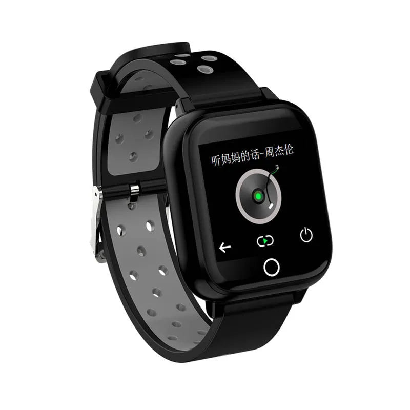 Black smart watch with built-in Bluetooth earbuds stored in the watch case on a wrist