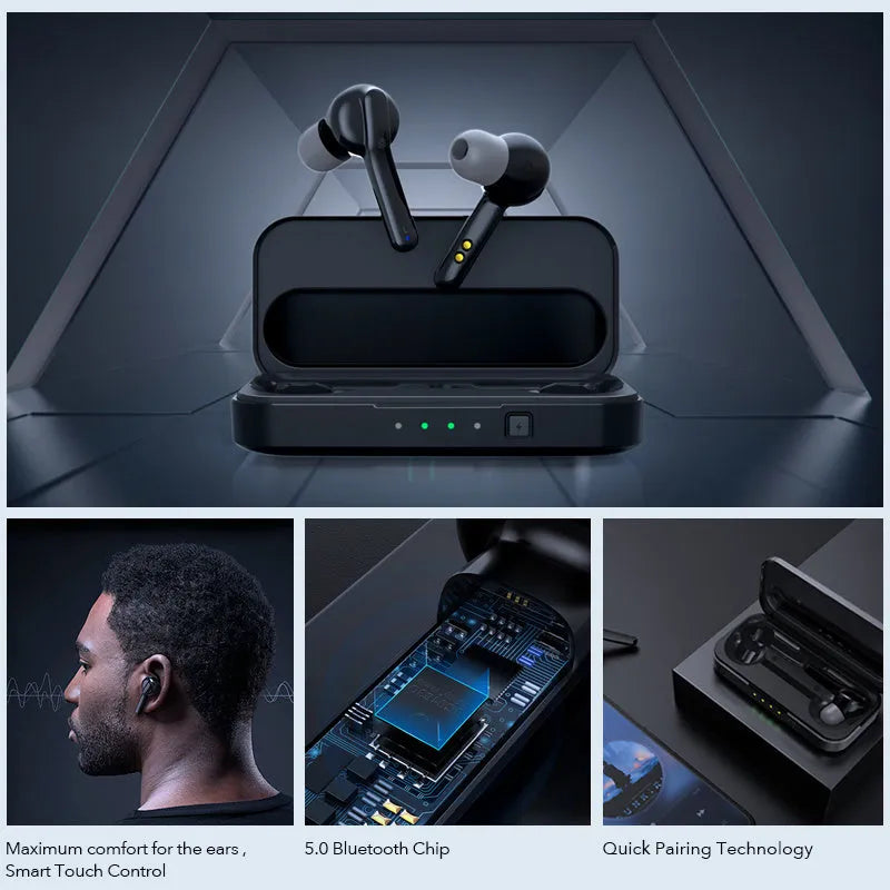 Black and white true wireless Bluetooth earbuds with an IPX5 waterproof rating.