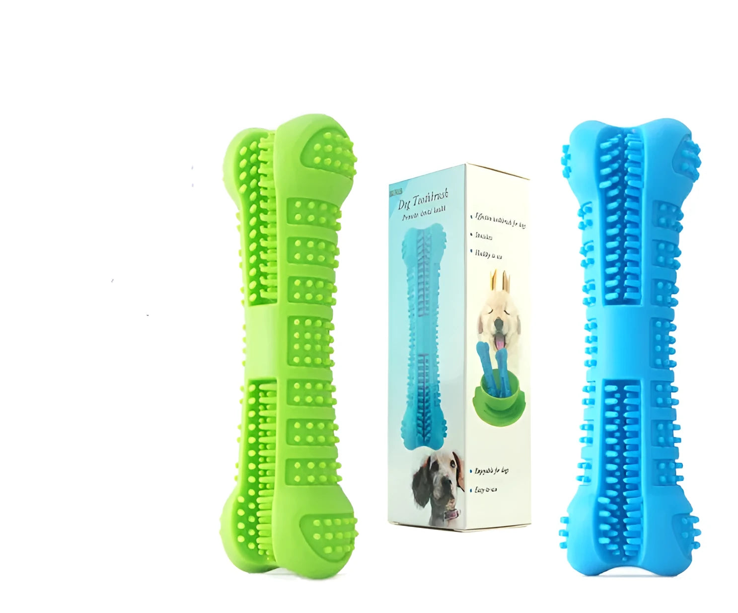 Blue silicone bone-shaped dog toothbrush with 360-degree bristles on white background