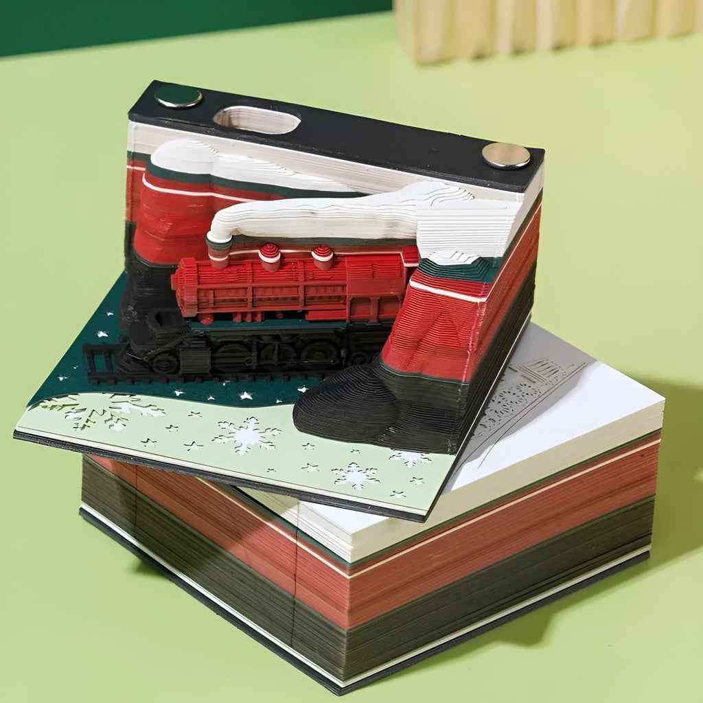 3D paper carving sticky notes with Qingshui Temple design and Christmas Train cover