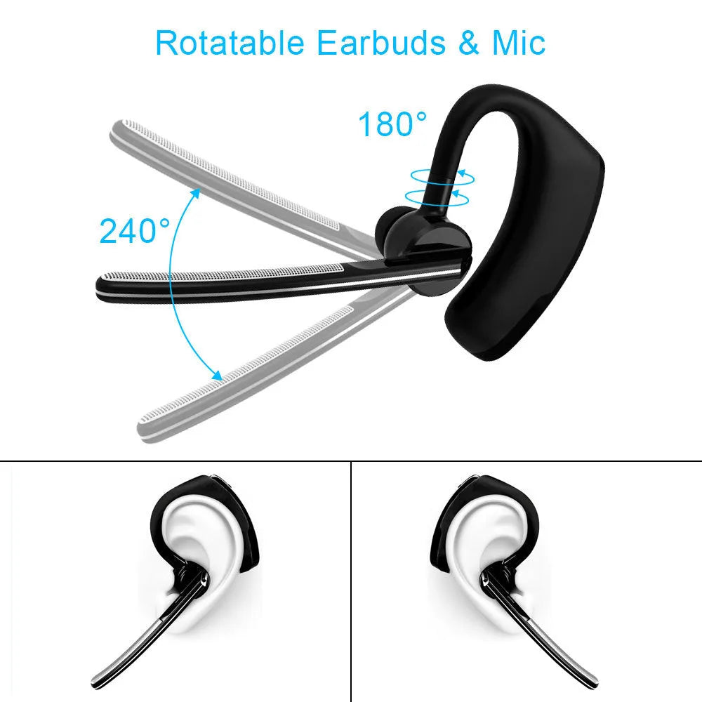 V9 Business Bluetooth headset with ear-bud showing dual phone connectivity and noise cancellation features