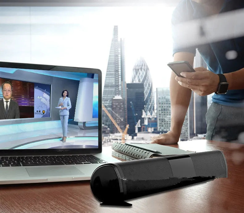 High-power Bluetooth sound bar speaker in black, 4*5W output, 2000mAh battery, compact 58.5cm length