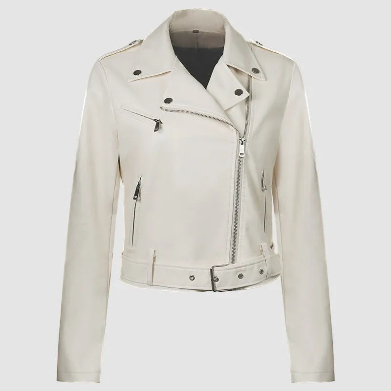 Women's black PU leather motorcycle jacket with lapel collar and adjustable waist belt on a hanger.