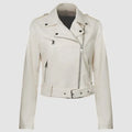 Women's black PU leather motorcycle jacket with lapel collar and adjustable waist belt on a hanger.