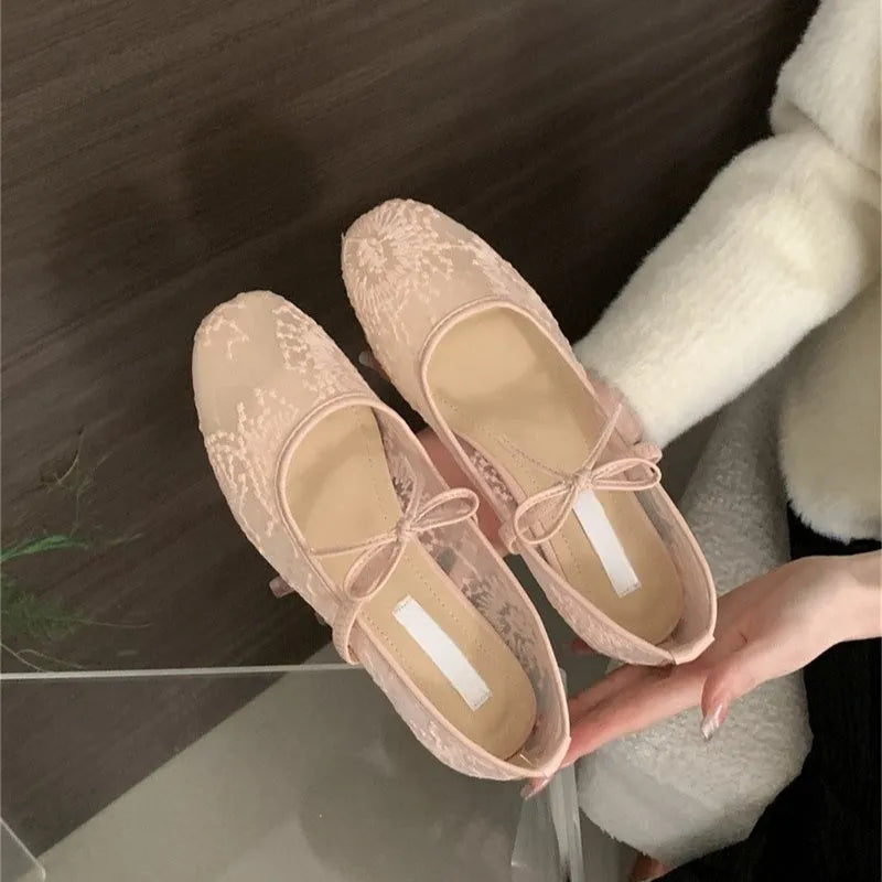Flat Lace Mesh Breathable Mary Jane Evening Shoes with Mid Heel 3-5CM Sizes 35-45 Rubber Sole Microfiber Upper for Women Party Dance