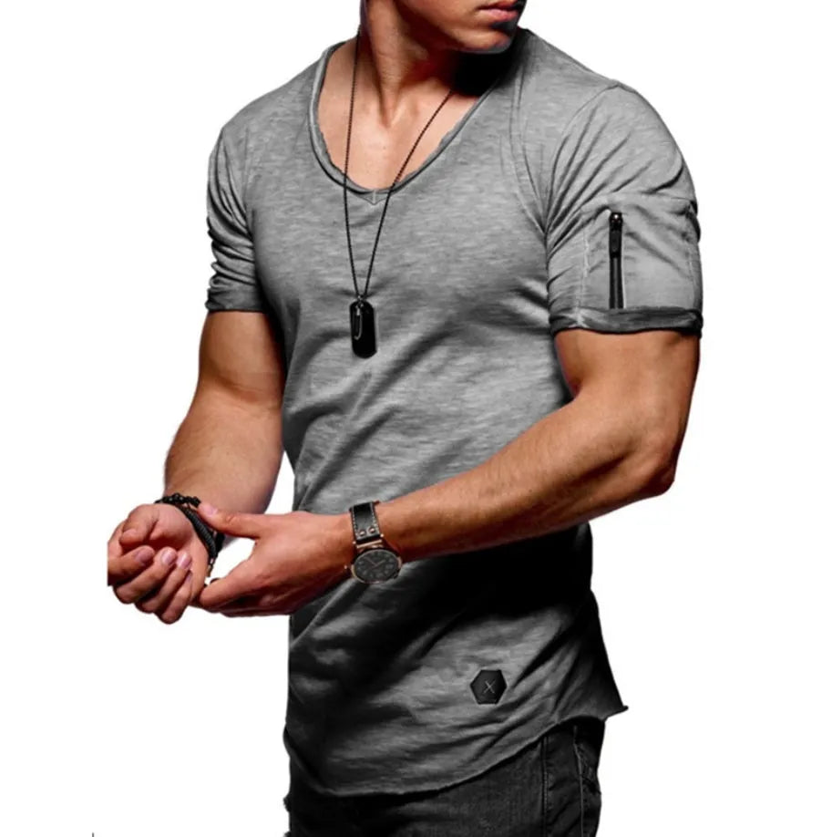 Men's V-neck short-sleeved slim fit youth shirt in a cotton-polyester blend, shown in white, black, and navy colours