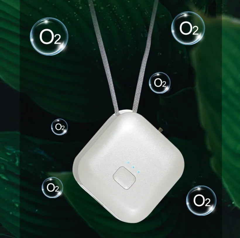 Mini USB portable air purifier necklace in blue colour, showing wearable design and single button.