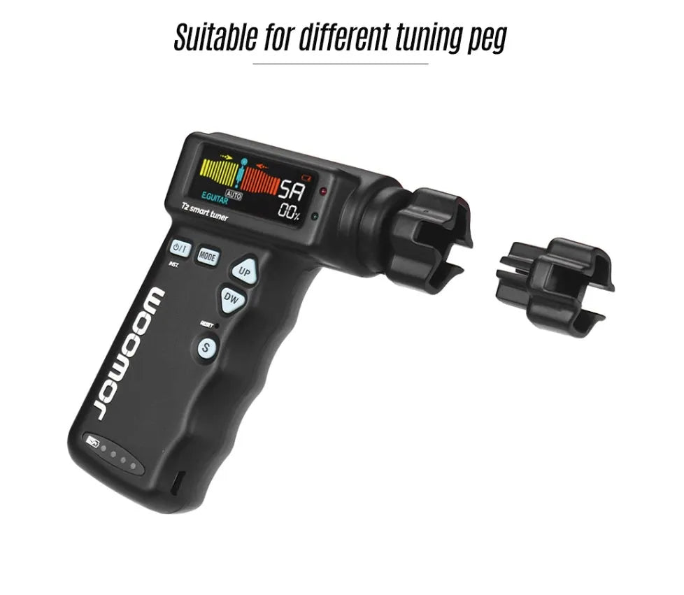 Multi-functional smart guitar tuner with string winder, colour LCD display, black and white, for acoustic and electric guitars