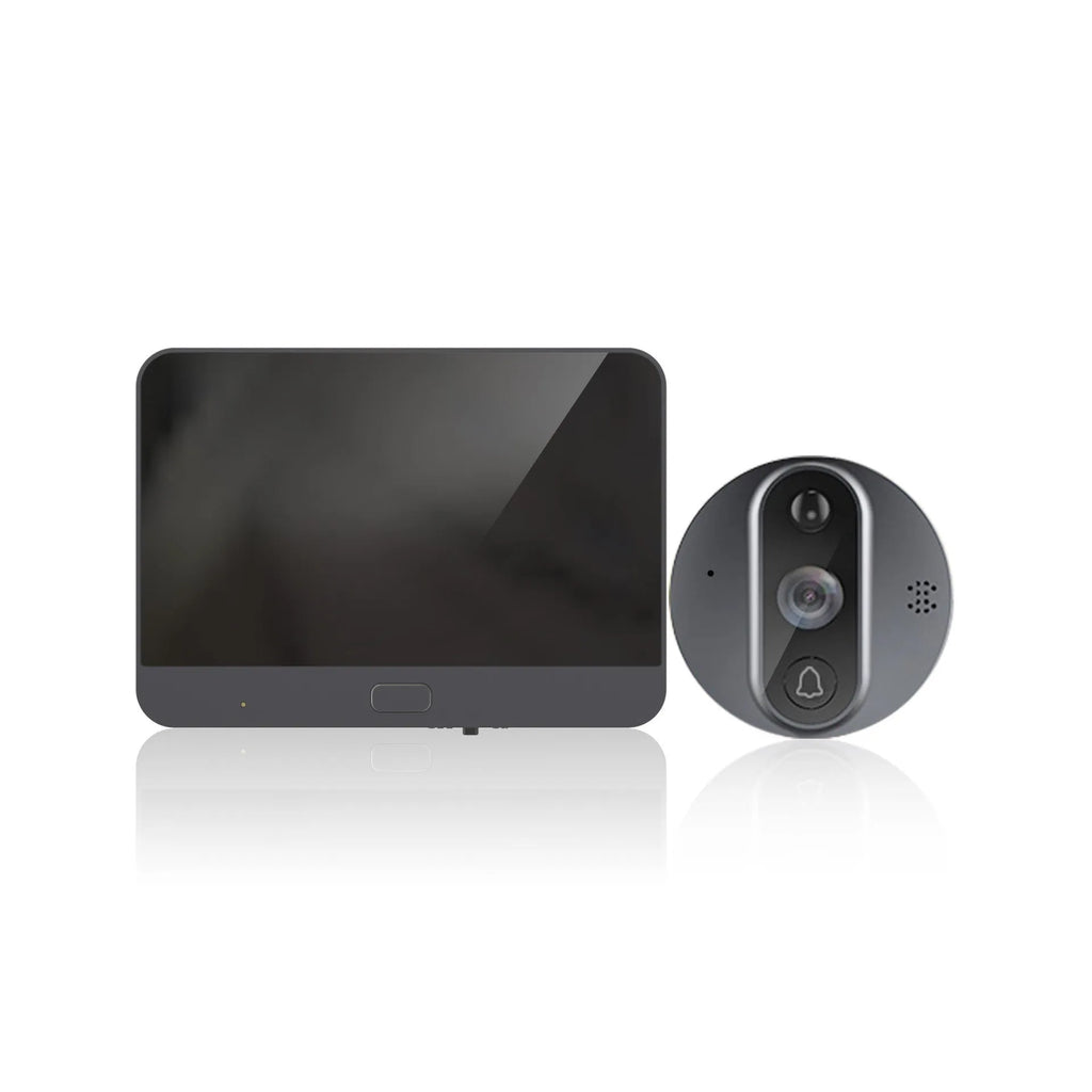 5-inch WiFi smart electronic peephole with black housing, LCD screen, and doorbell button for home security