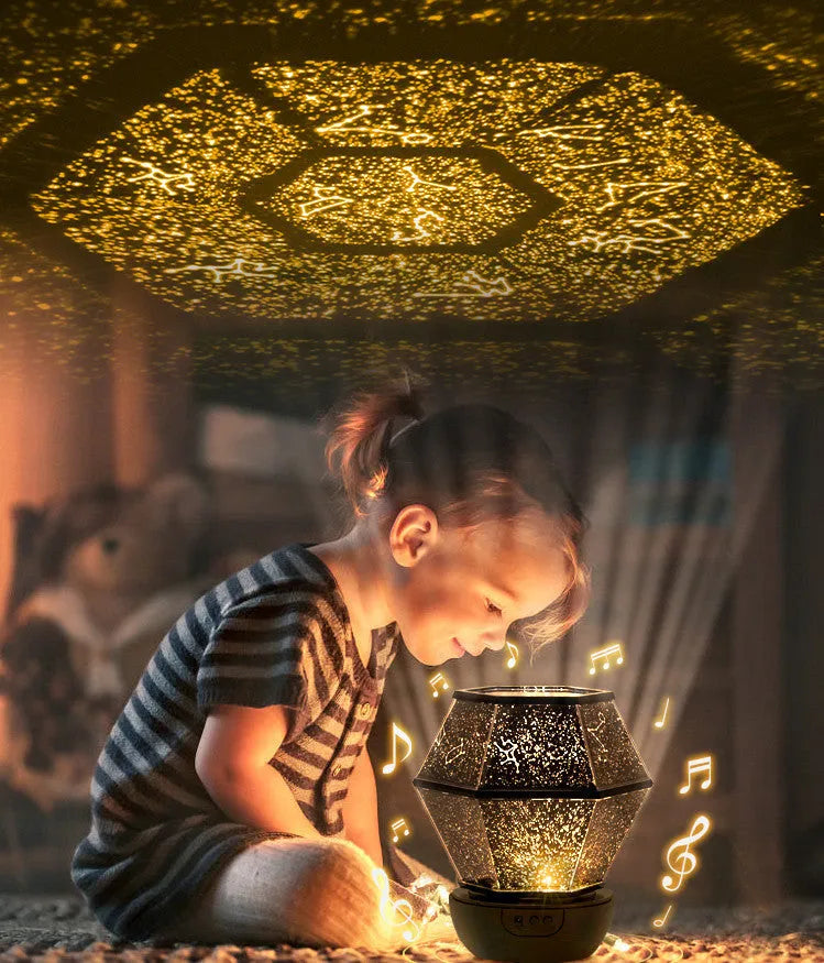 Circular LED rotating stars night light projecting coloured star patterns on wall