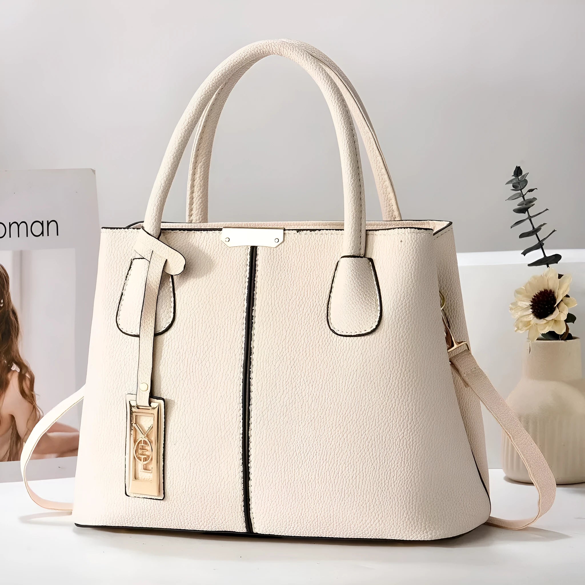 Soft PU large capacity shoulder bag in horizontal square shape with leather strap