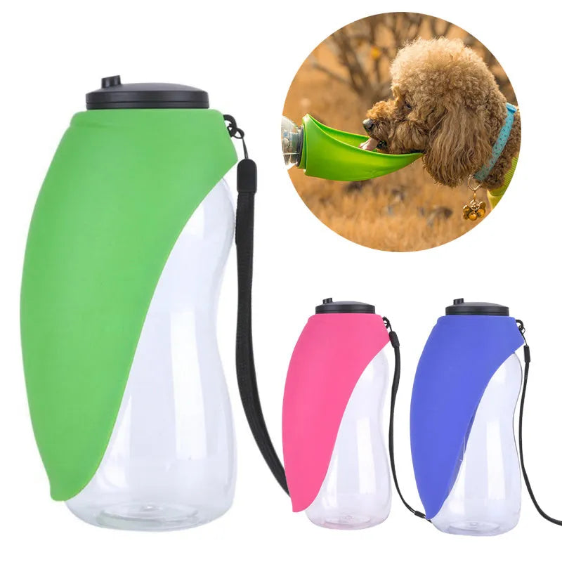 Portable dog water bottle with drinking bowl in sky blue colour showing 680ml capacity and key lock