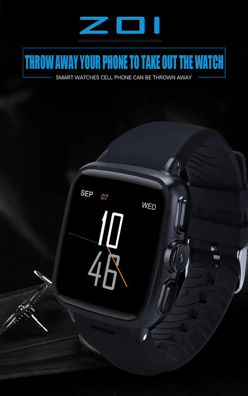 Black and white smart watch with 1.54 inch touchscreen display on a wrist.
