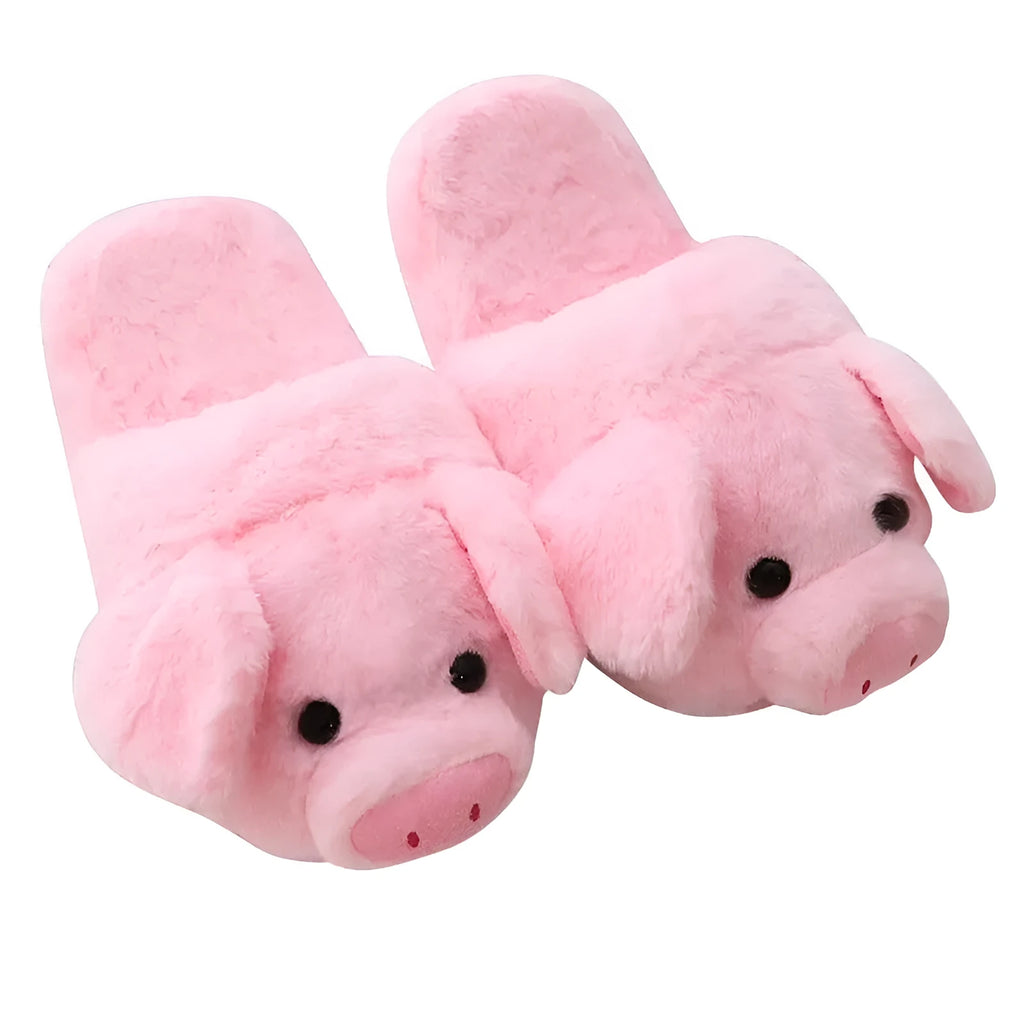 Pink pig floor slippers with soft plush exterior and cushioned interior for indoor wear
