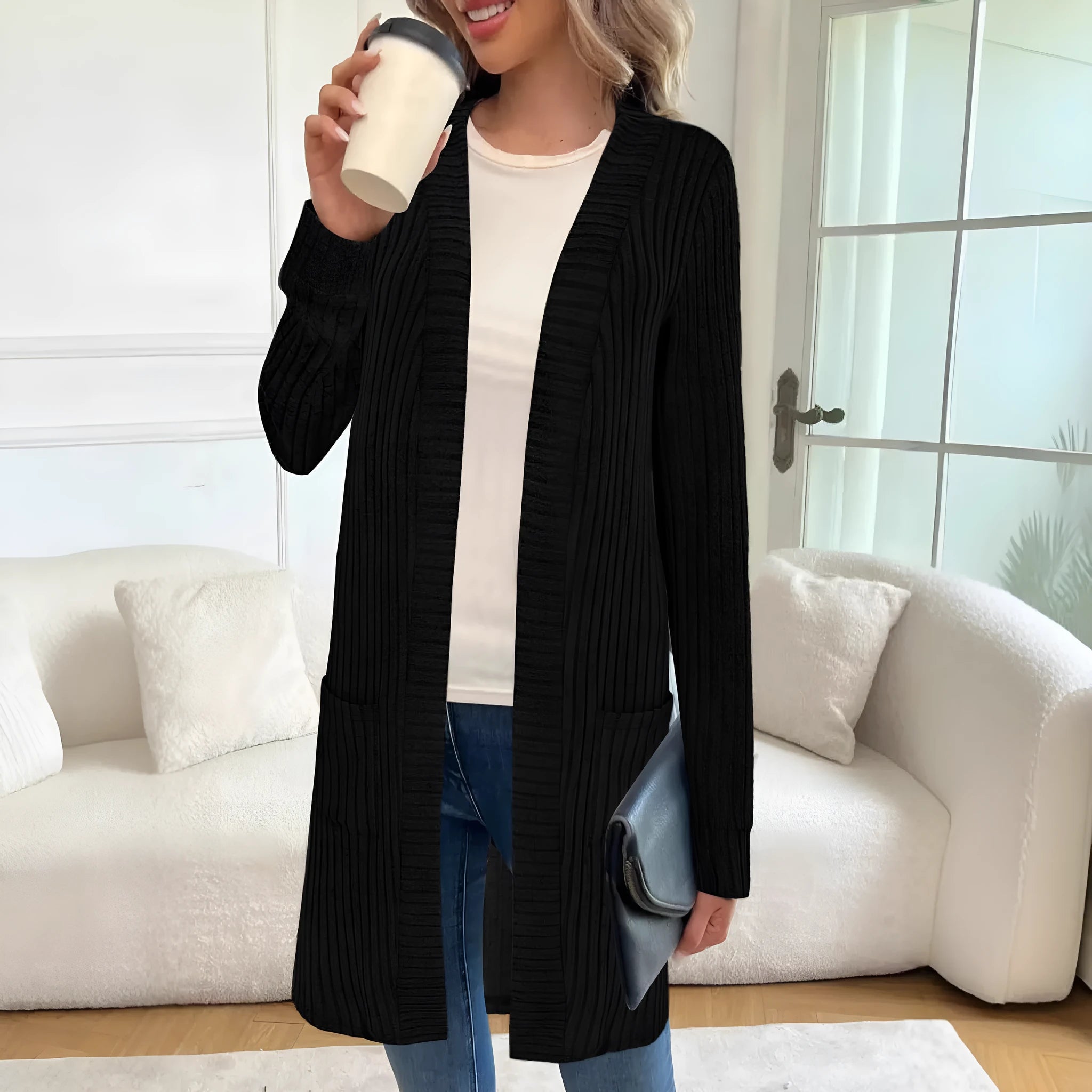 Long sleeve loose fit knitted cardigan jacket in black, wine red, or grey colour for sizes 1XL to 5XL