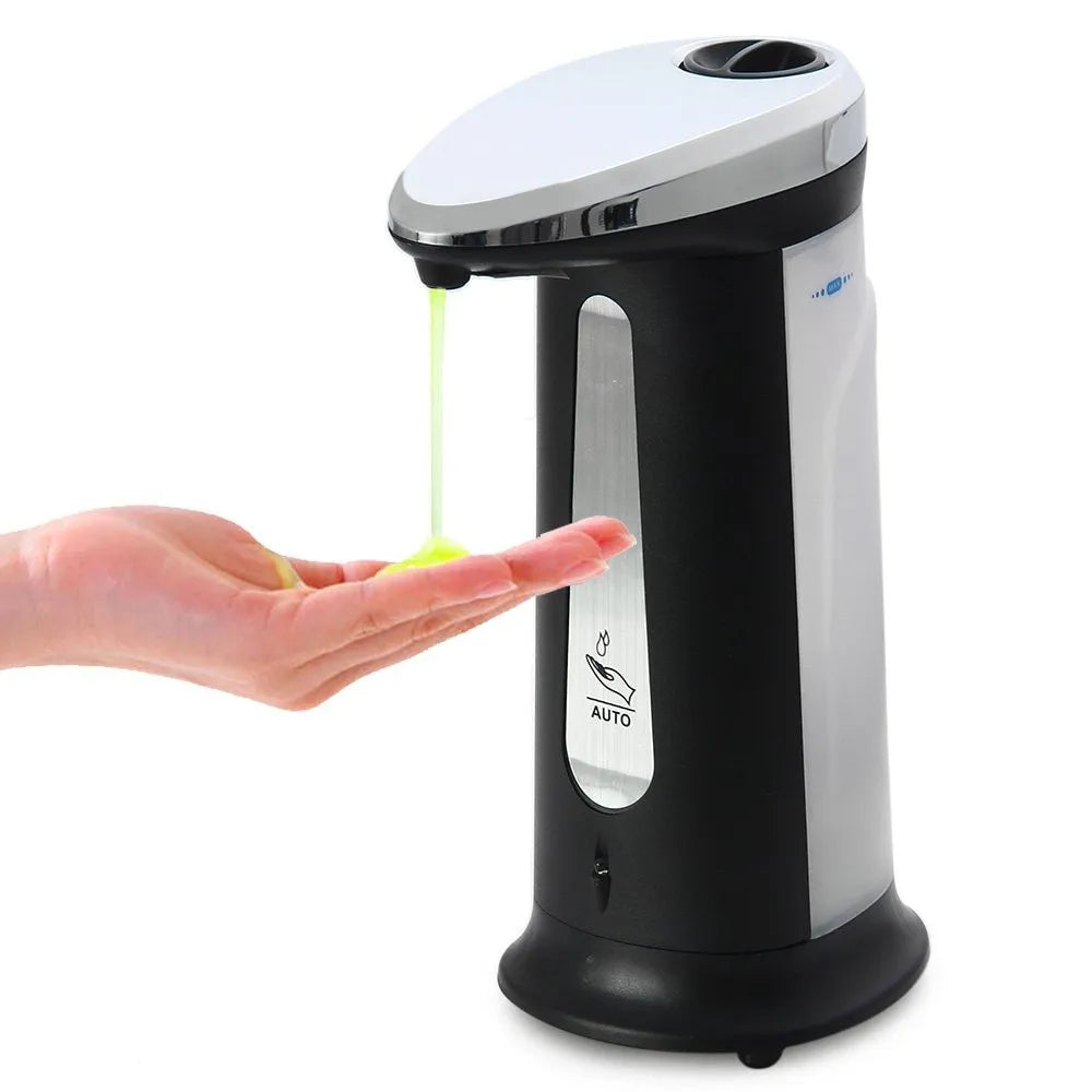 Automatic touchless soap dispenser with black plastic body and sensor nozzle on a countertop