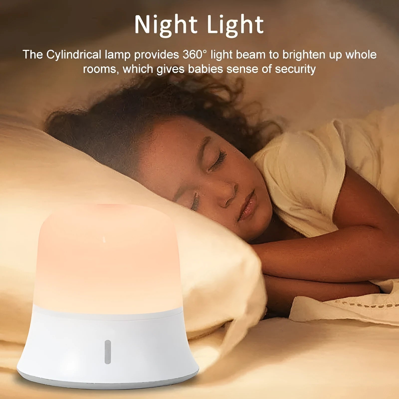 White touch-control bedside night light with RGB colour changing on a wooden table.