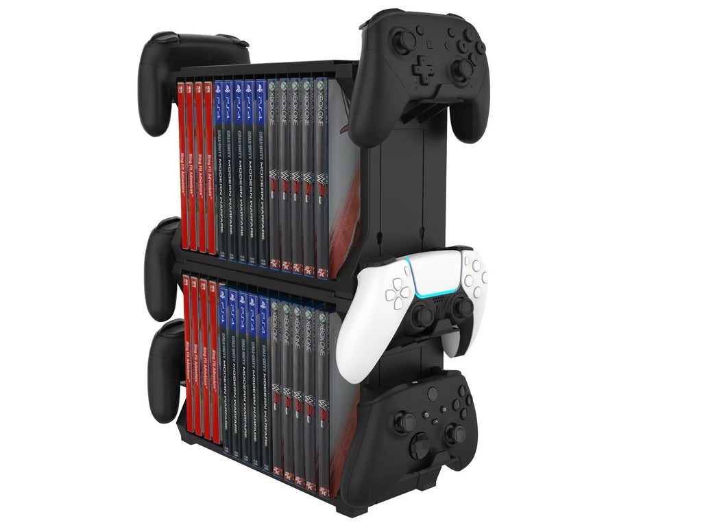 Black PS5 and Xbox Series X disc holder with game cartridge slots and controller stand