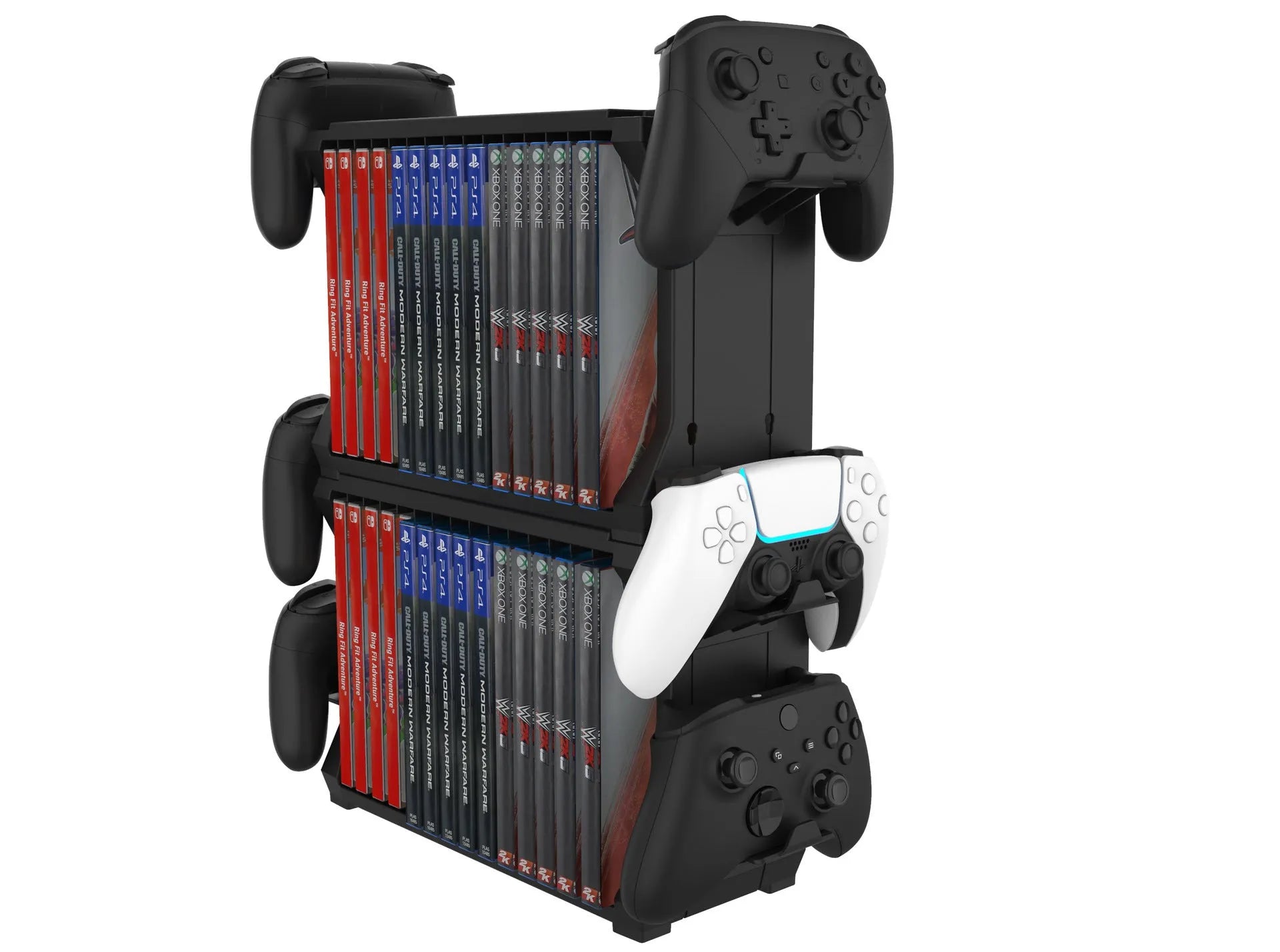 Black PS5 and Xbox Series X disc holder with game cartridge slots and controller stand