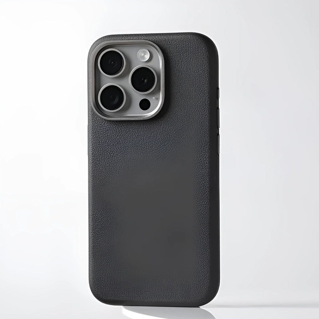 Genuine leather protective phone case with alloy lens cover, MagSafe, for iPhone 15 and 16 series, black colour
