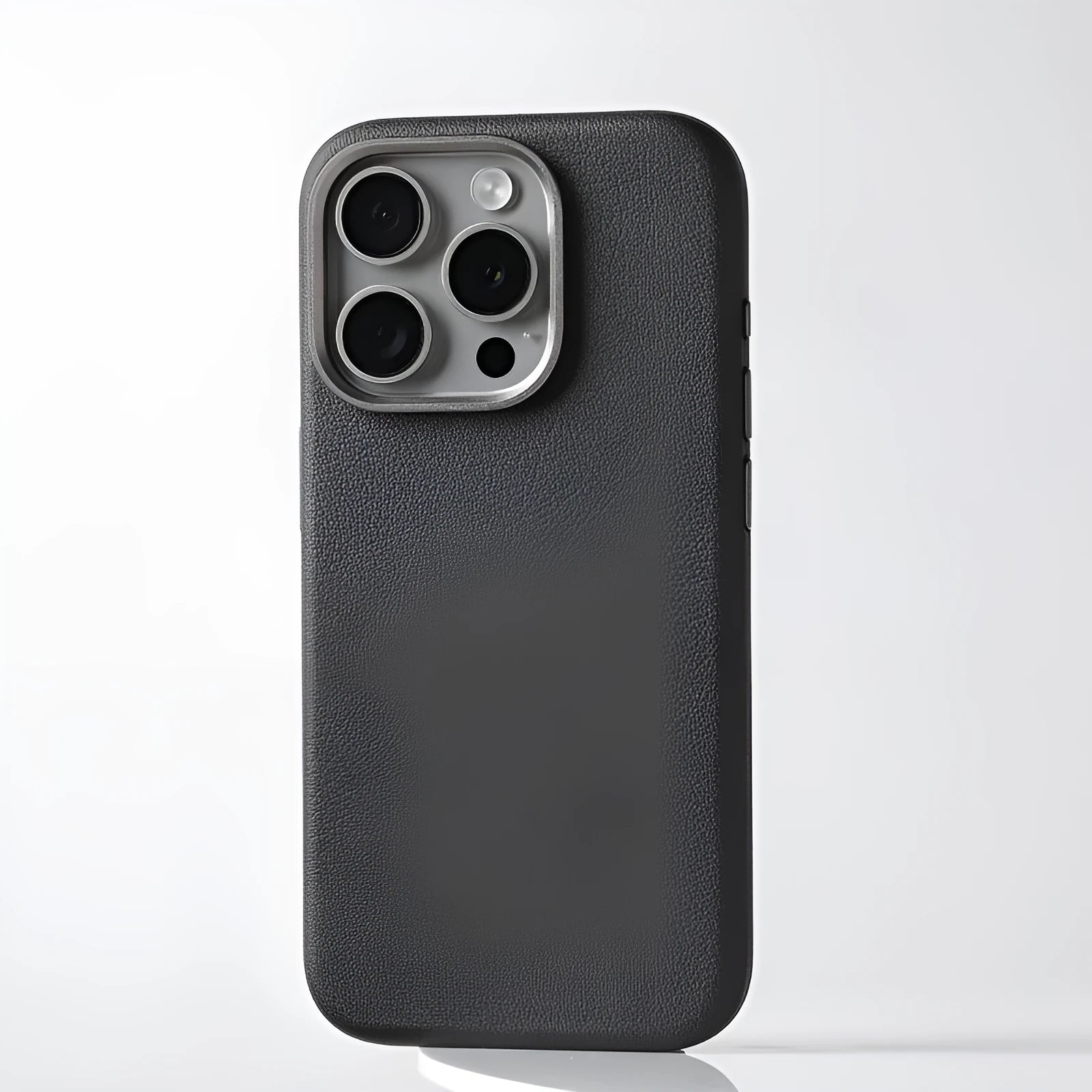 Genuine leather protective phone case with alloy lens cover, MagSafe, for iPhone 15 and 16 series, black colour
