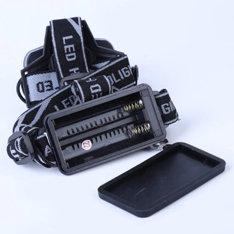 Fixed focus long-range headlamp for camping, worn on head with strong beam.