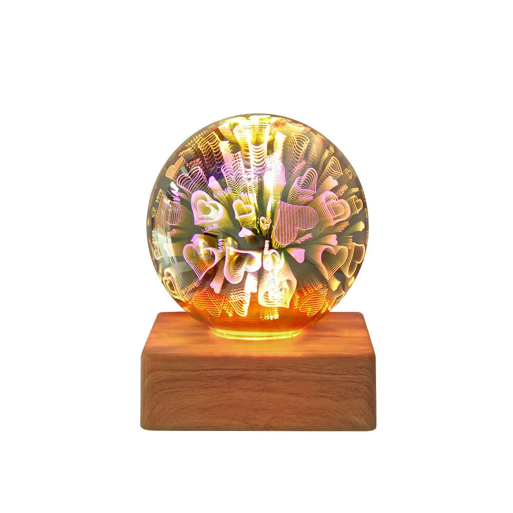 USB 3D firework crystal ball night light with warm LED, touch control, and starry sky effect on a wooden desk