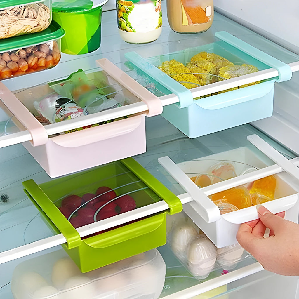 Hanging plastic refrigerator clapboard storage rack with drawer in beige, PP material, 16.5x15x5.5-6.5 cm