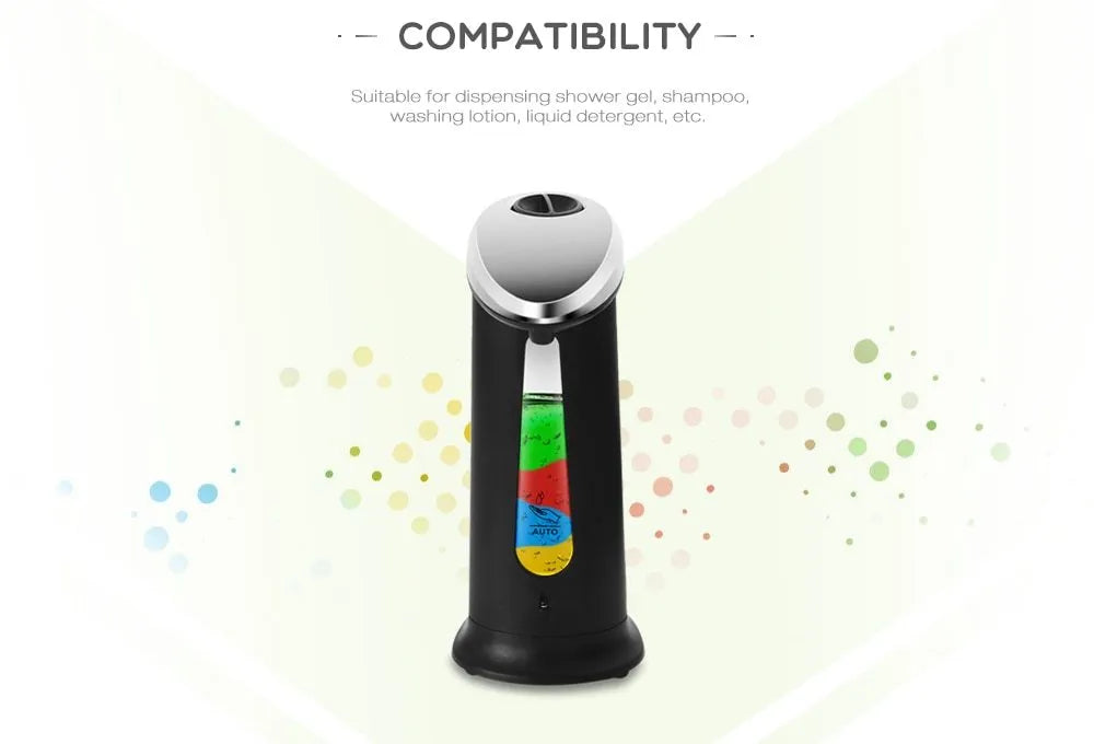 Automatic touchless soap dispenser with black plastic body and sensor nozzle on a countertop