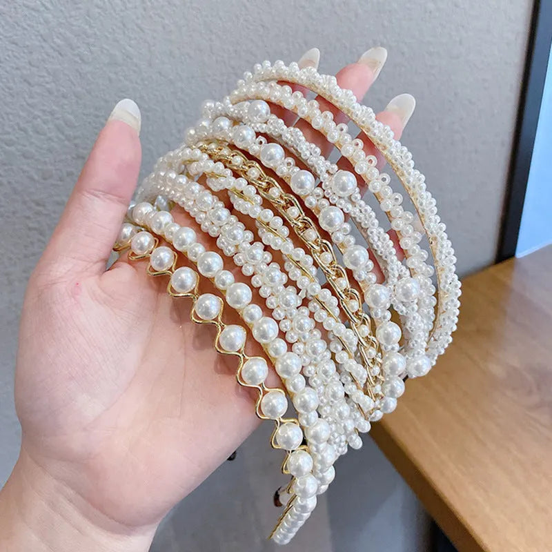 Thin pearl headband with imitation pearl and metal, 14cm length, three colour options on light background