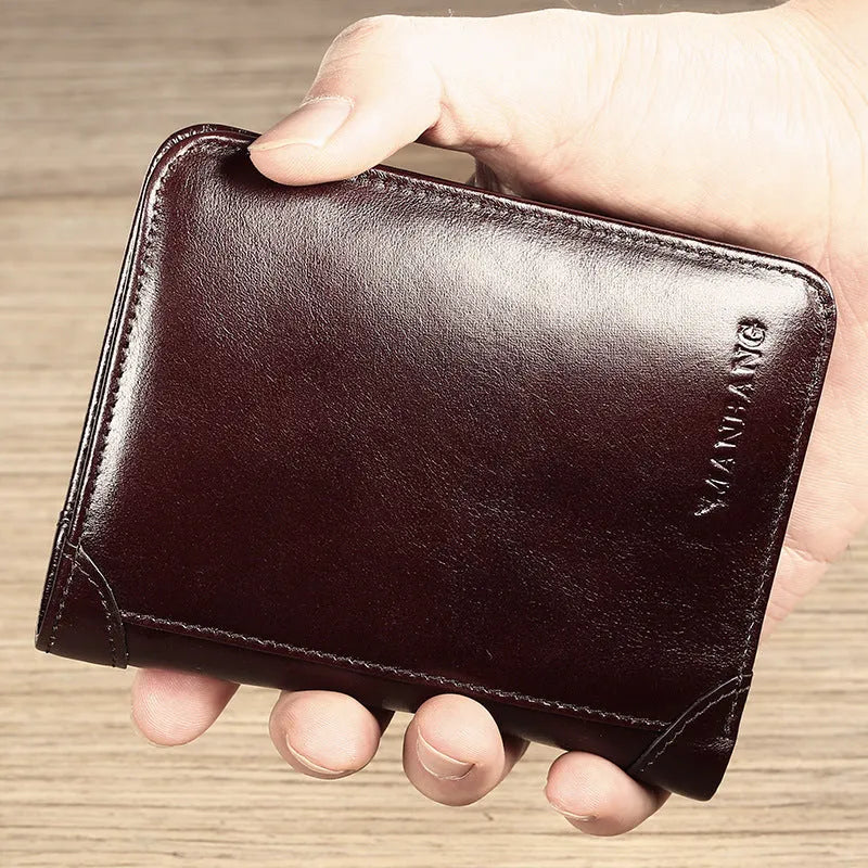 Men's black leather wallet open to show internal compartments for banknotes, cards, coins, and a concealed dark space.